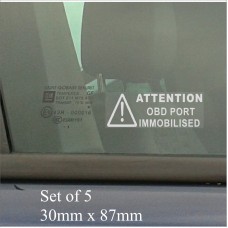 5 x OBD Port Disabled Stickers-87mm x 30mm-Security Window Warning Signs-Van,Lorry,Truck,Taxi,Bus,Mini Cab,Minicab.On Board Diagnostics Port Immobilsed